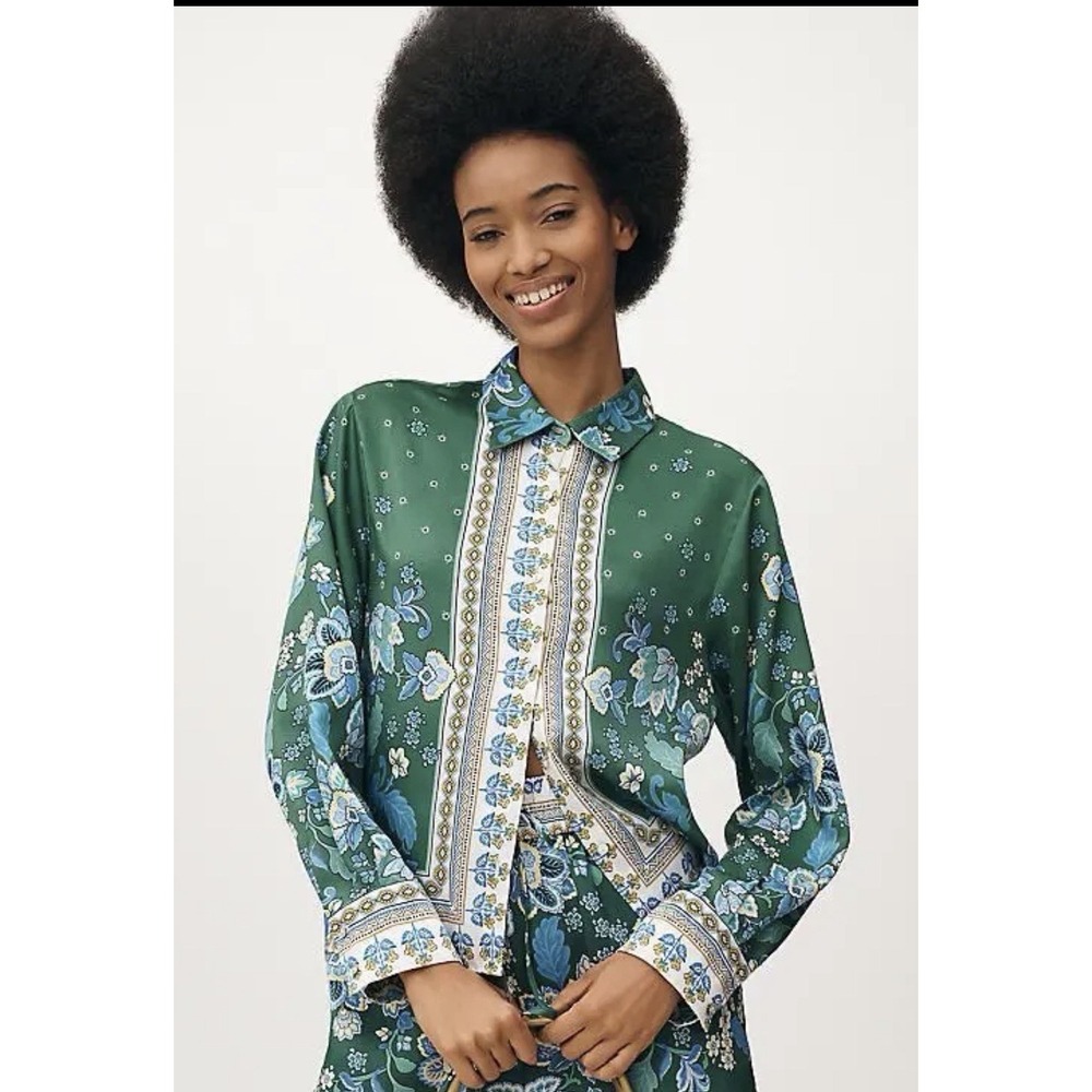 Anthropologie Maeve Long Sleeve Scarf Blouse Floral Silky Top Green szS NWT $118